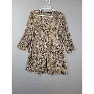 Hayley Matthews Tan Leopard Print LS Ruffled Pleated Mini Dress Tunic Plus 2X